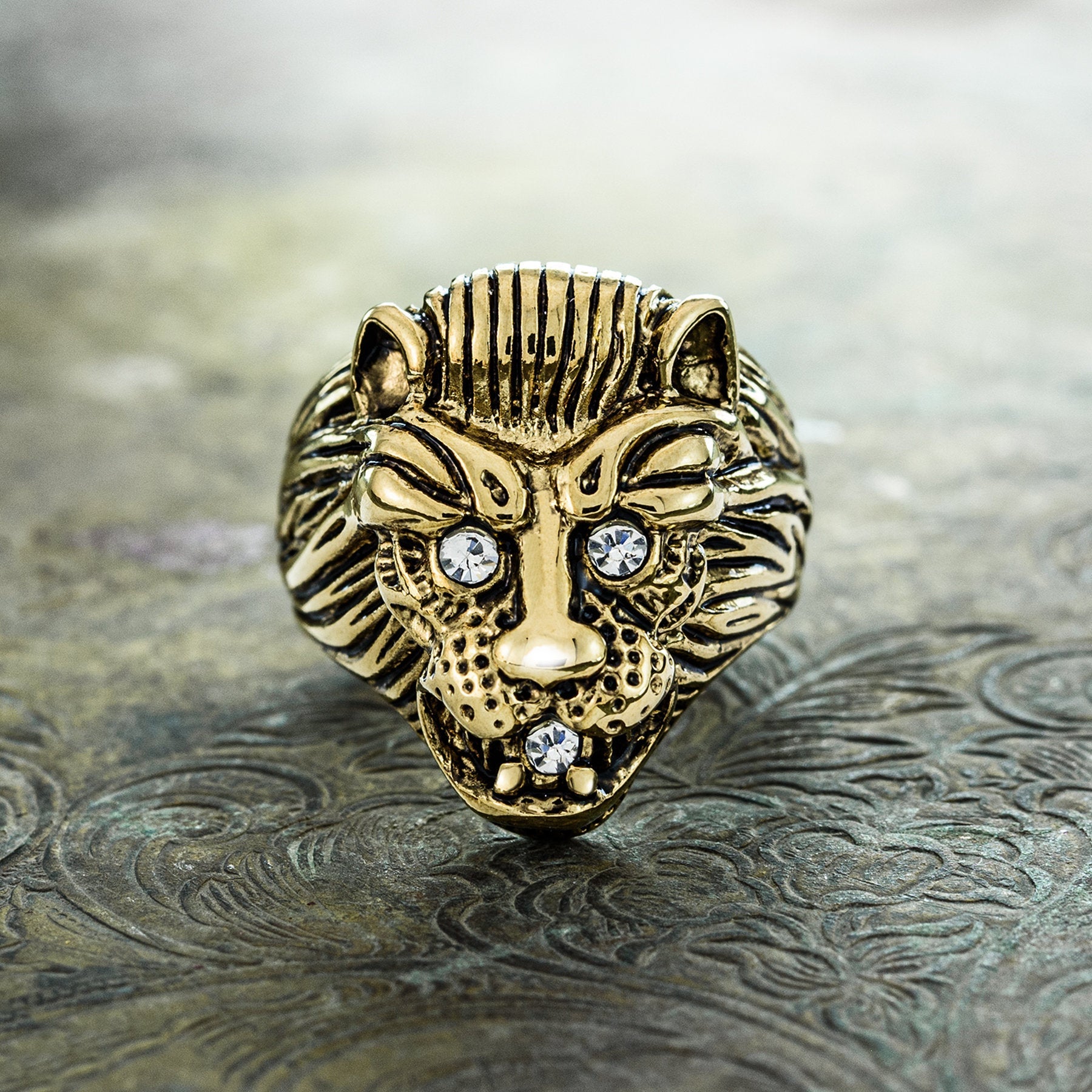14K Yellow Gold Mens King Lion Head Ring with Diamonds and Crown Pinky Ring  0.55ct 406985